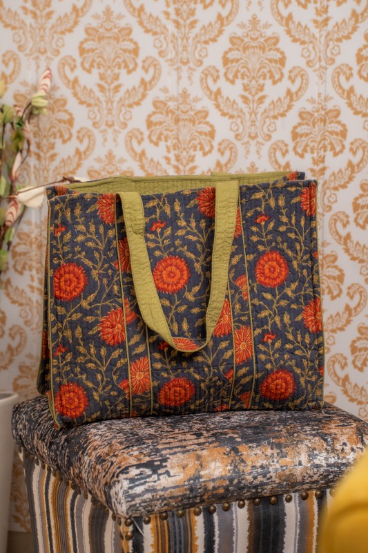 Awdhesh Kumar Chrysanthemum Garden Motif  Cotton Hand Block Printed Tote Bag for Women