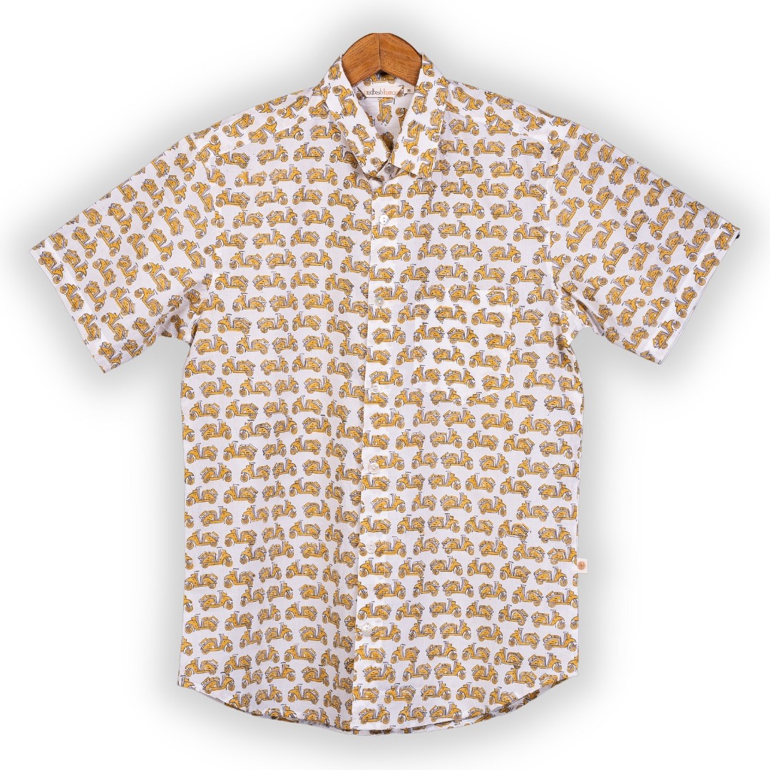 Short Sleeve Indian Hand Block Print Shirt Vespa Yellow Design Shirt 100% Cotton Fabric