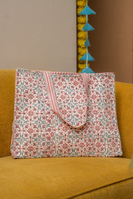 Awdhesh Kumar Star Blossom Motif Cotton Hand Block Printed Tote Bag for Women