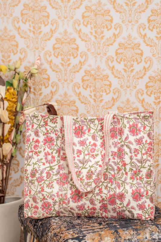 Awdhesh Kumar Blush Bloom Carryall Cotton Hand Block Printed Tote Bag for Women