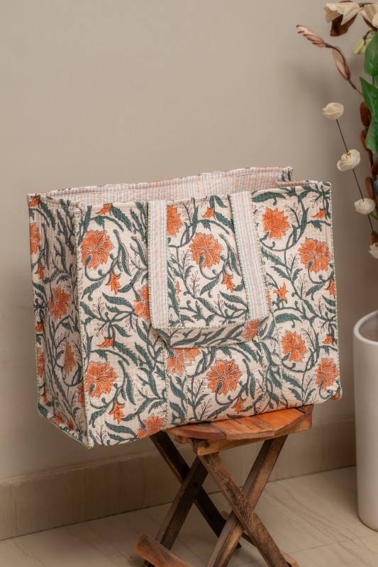 Awdhesh Kumar Cream Meadow Cotton Hand Block Printed Tote Bag for Women