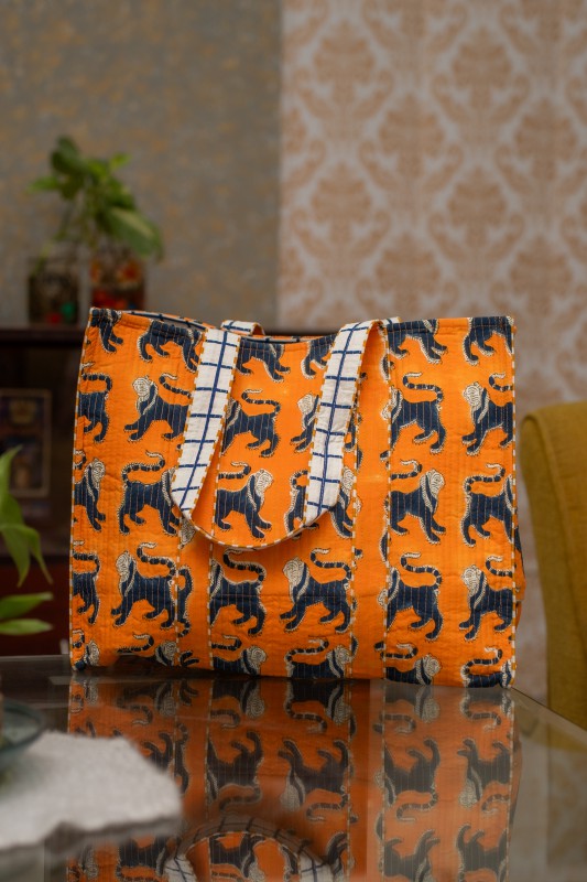 Awdhesh Kumar Royal Tigers Cotton Hand Block Printed Tote Bag for Women