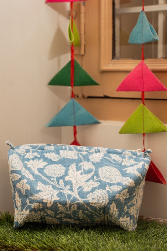 Awdhesh Kumar Ivory Flora on Blue Cotton Hand Block Printed Tote Bag for Women